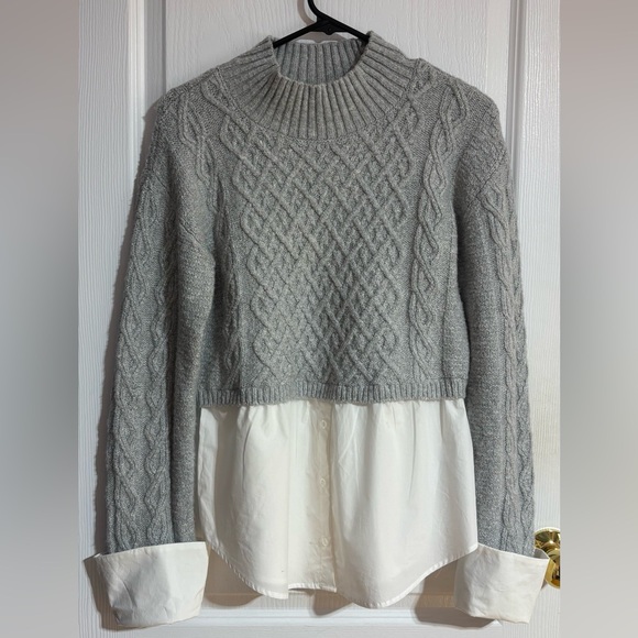 Anthropologie Maeve Cable Knit Layered Buttoned Soft Grey Sweater Size Medium - Picture 4 of 14